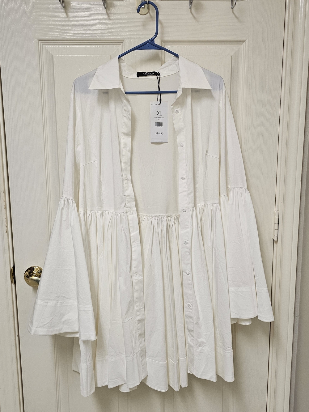 AKIRA White Button-Front Bell Sleeve Shirt Dress - XL